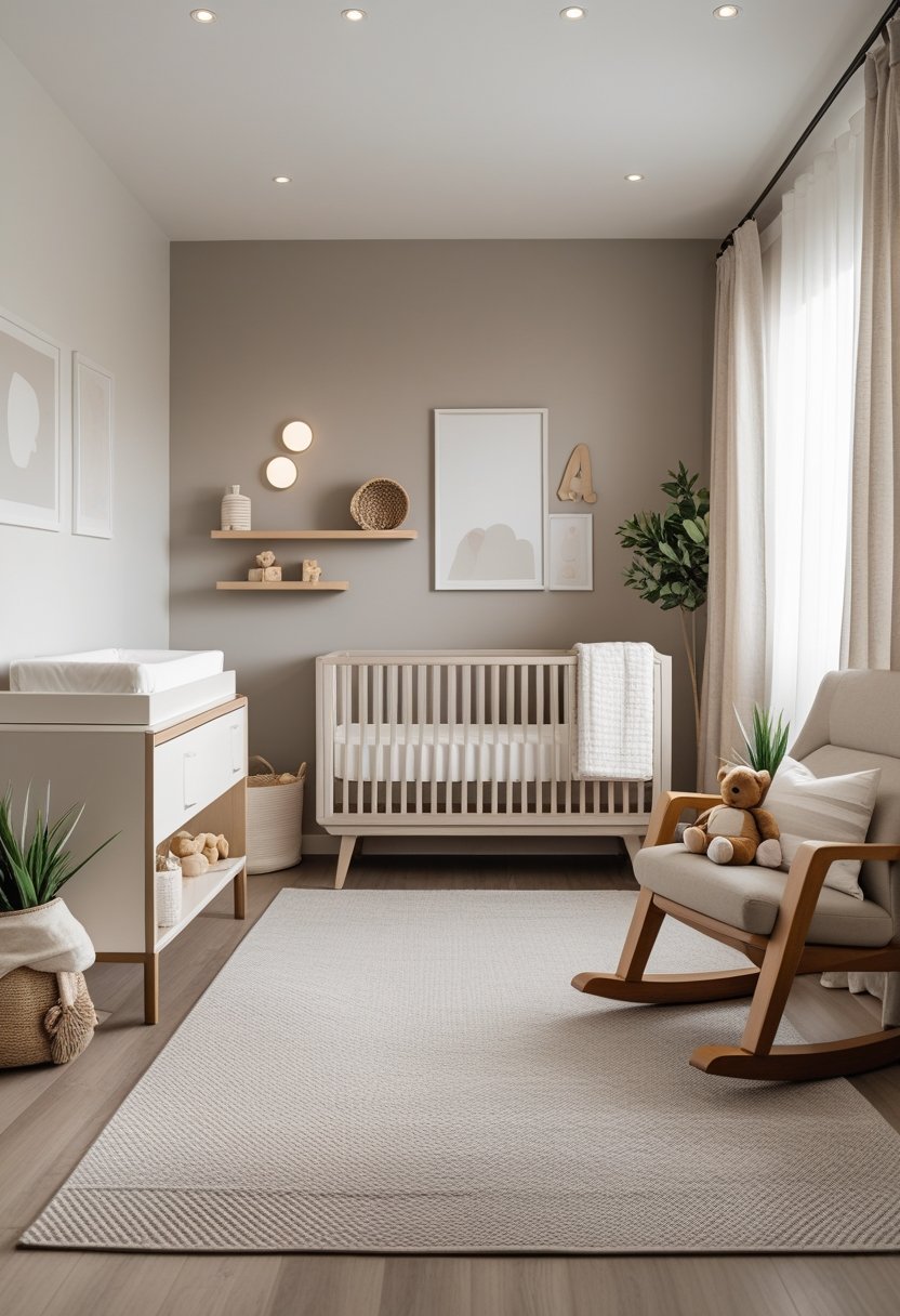 A baby boy nursery with a crib, teddy bear, changing table, rocking chair, neutral colors, and natural light coming through a window.